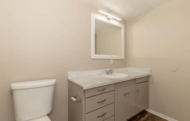 A clean and simple bathroom featuring a white toilet, a gray countertop with a sink, and a mirror above the sink. The walls are painted in a light beige, and the floor has a wood-like appearance. There is a towel holder next to the toilet, providing a functional and minimalistic design.