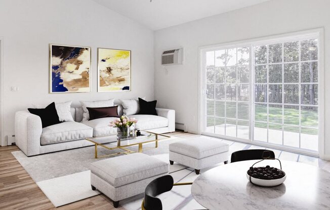 Living Room With Expansive Window at Echo Pond Luxury Apartments, Moriches, New York