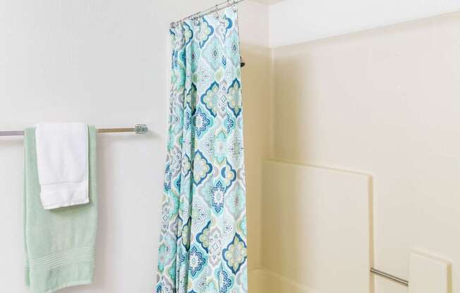 A bathroom with a shower curtain and a towel hanging on the wall.