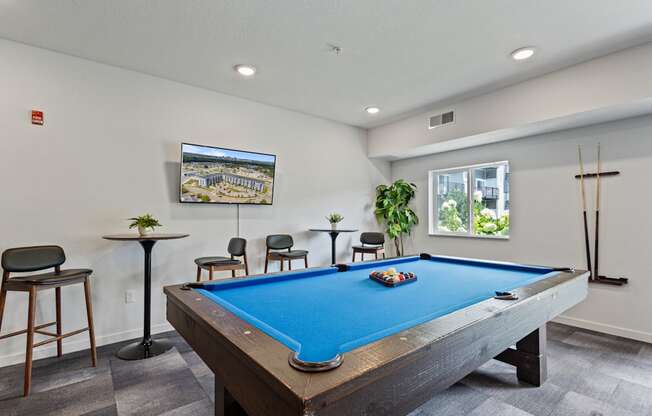 a games room with a pool table and a tv