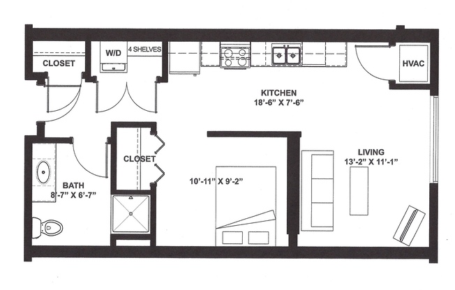 Studio, 1 bath, 561 sqft, $1,425