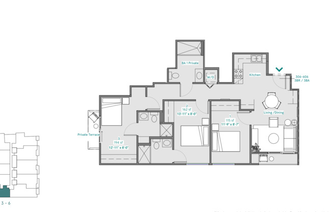 3 beds, 3 baths, 1,200 sqft, $3,750, Unit 406 - Full