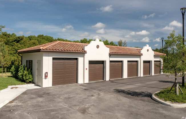 a group of garages in a row with a blue sky in the background