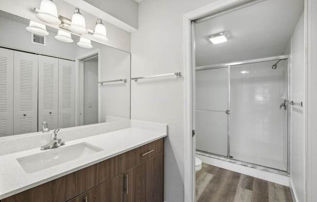 A bathroom with a sink, mirror, and shower.