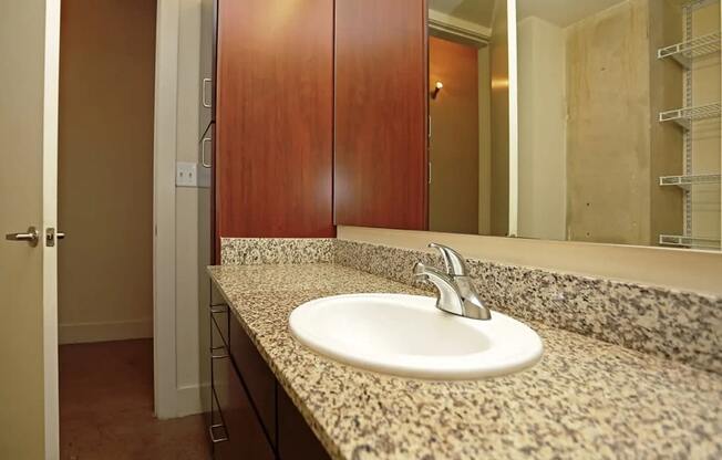 a bathroom with a sink and a mirror