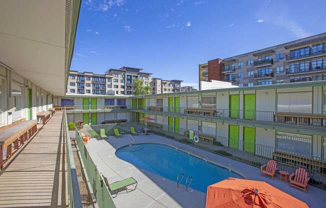 Exterior community courtyard and pool at The Continental Apartments in Phoenix AZ Nov 2020