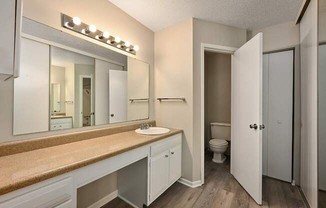 A bathroom with a sink, mirror, and toilet.