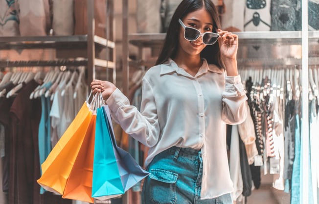 woman in a store holding shopping bags and wearing sunglasses