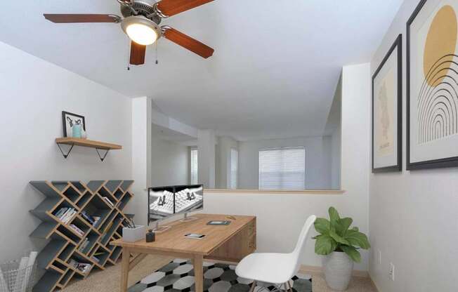 Bright open loft area with desk and chair for work from home