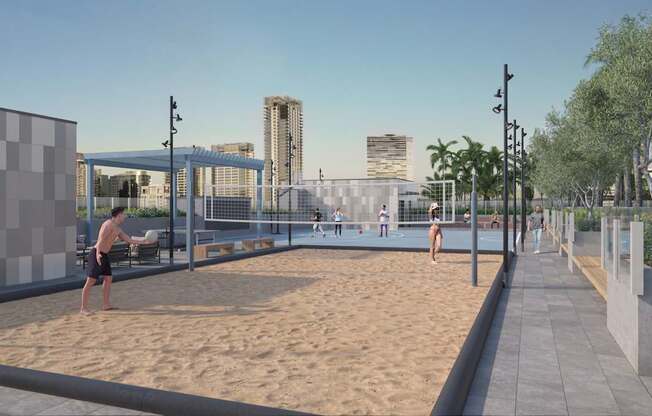 A man is playing beach volleyball in a sandy area with a city skyline in the background.