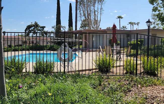 View of swimming pool and sun deck with surrounding lush landscaping at Plaza Verde Apartments in Escondido, California.