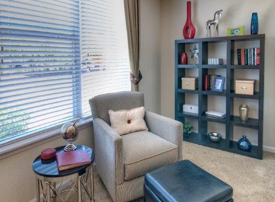 Vue Park West apartment reading corner with oversized window and wall to wall carpet