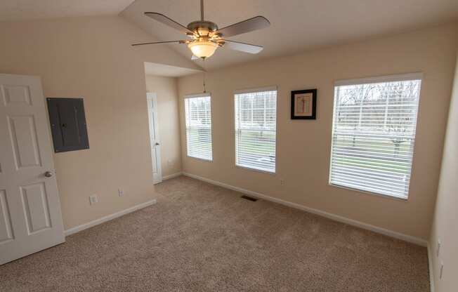 This is a photo of the second bedroom in the 1242 square foot, 2 bedroom, 2 and 1/2 bath Spinnaker floor plan at Nantucket Apartments in Loveland, OH.