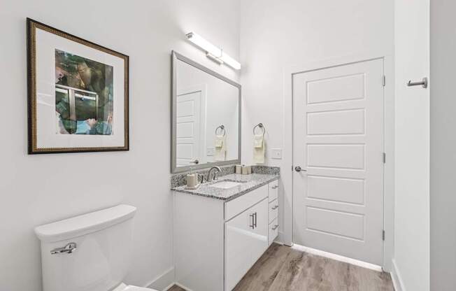 A white bathroom with a toilet, sink, and mirror at Link Apartments® CYKEL Apartments, Charlotte, NC
