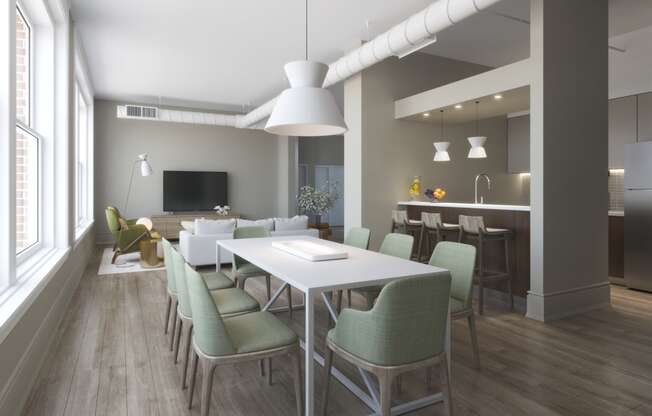 a rendering of a living room and dining room with a table and chairs