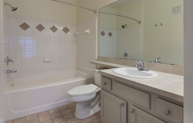 The Legends at ChampionsGate bathroom with formica countertop, long mirror and valet counter and tub with shower
