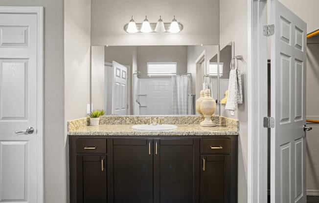 a bathroom with a sink and a mirror