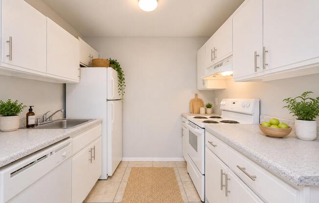 A modern kitchen featuring white cabinets and appliances, a light-colored countertop, and tile flooring. There is a sink on the left, an oven and stovetop on the right, and decorative plants in woven baskets and bowls. A rug runs along the floor, and a bowl of green apples is on the counter.