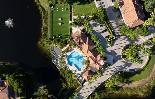 Aerial view of clubhouse and pond