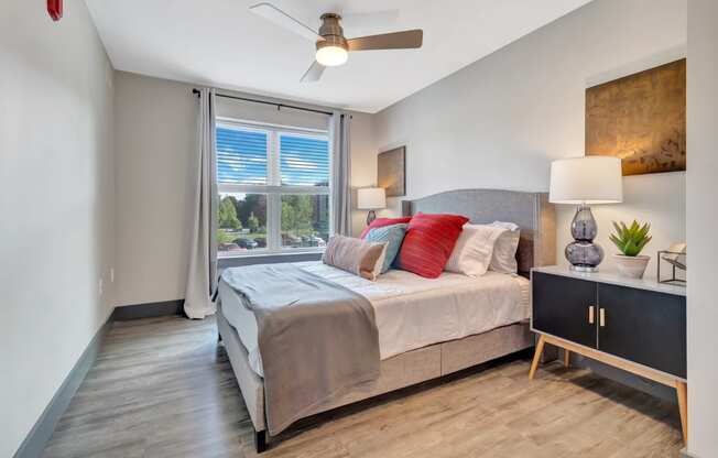 Bedroom With Ceiling Fanat Latitude at South Portland Apartment, Maine, 04106