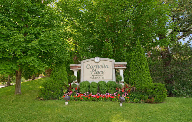a sign for comida place in front of trees and flowers
