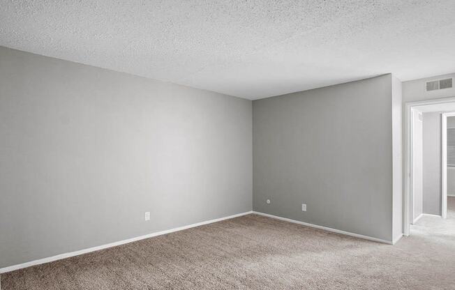 an empty room with a carpeted floor and a door