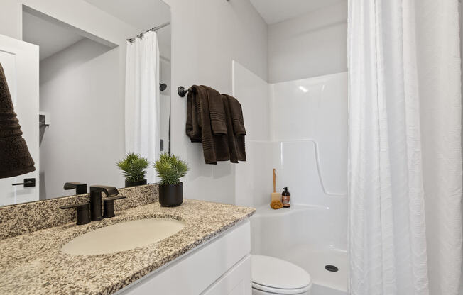 a bathroom with a granite vanity, tub/shower, toilet, and large mirror