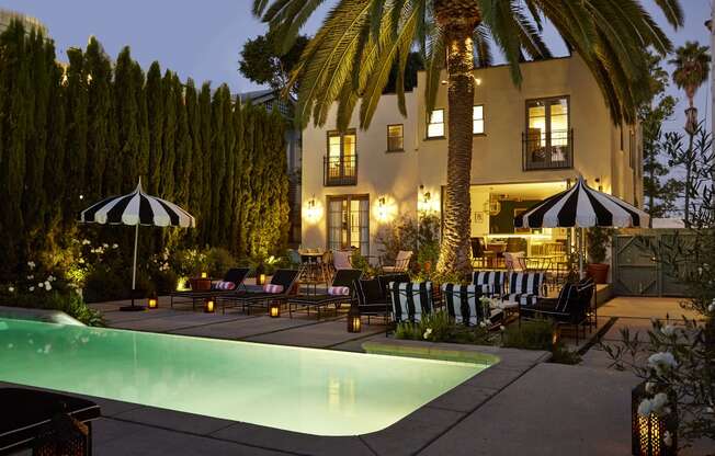 Twilight Pool at Villa Carlotta – Furnished Apartments, Los Angeles, California