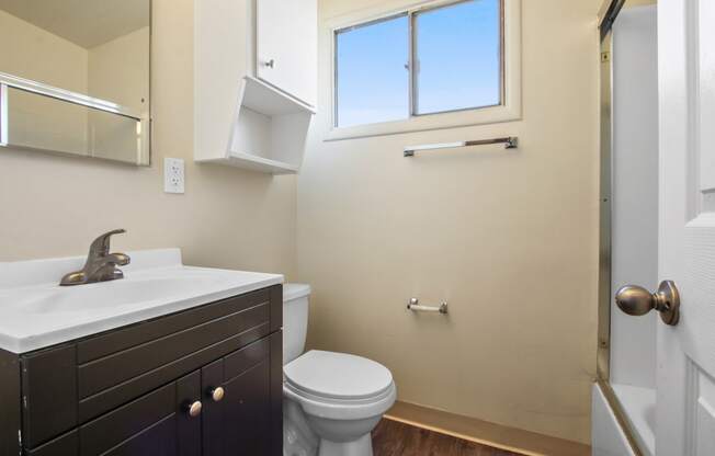 Bathroom with shower and tub combo at the right, single vanity with dark brown wood style cabinet