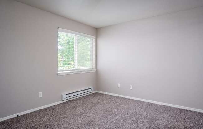 a bedroom with gray walls and a window