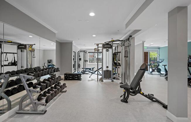Strength and conditioning area with free weights, functional training equipment, and mirrored walls designed to support a wide range of fitness goals.