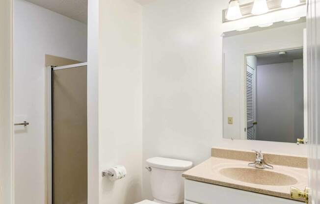 bathroom with standing shower and white vanity