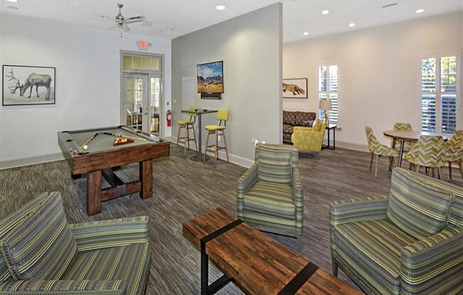 Social Clubroom with Entertaining Space and Billiards Lounge at Alden Place at South Square Apartments, Durham, NC 27707