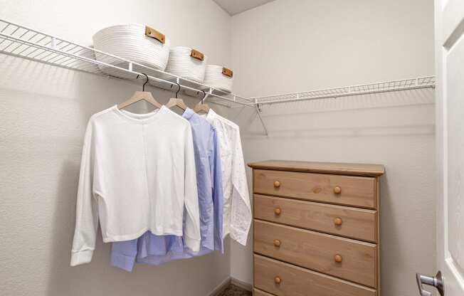 a walk in closet with a dresser and coat rack