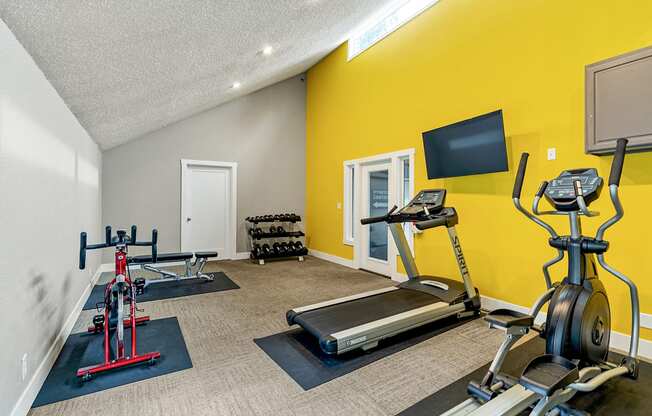 A home gym with a treadmill, stationary bike, and weights.