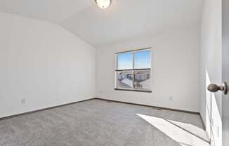 A room with a carpeted floor and a window showing a house view.