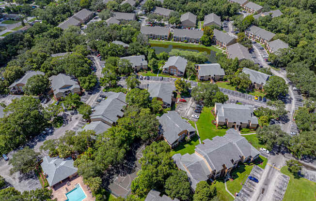 A bird's eye view of a residential area with houses and a swimming pool.