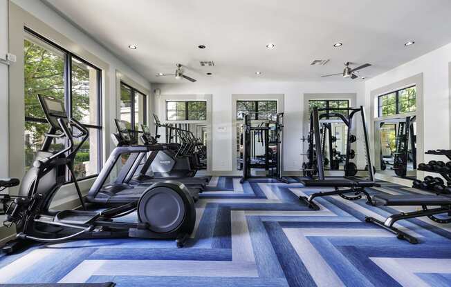 a gym with treadmills and other exercise equipment on a blue and white rug