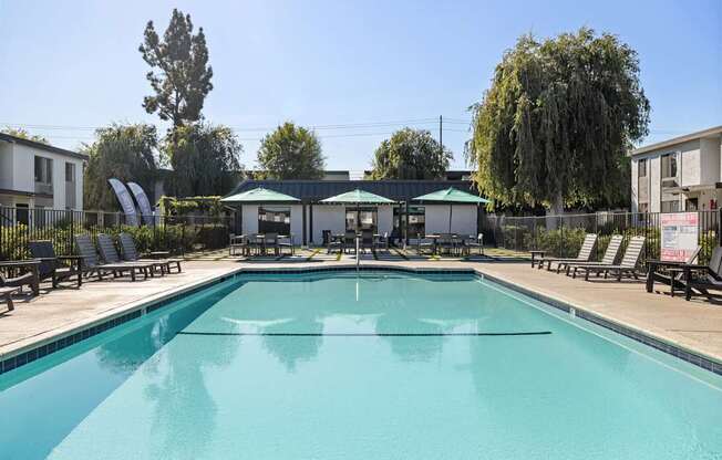 A large swimming pool surrounded by lounge chairs and trees.