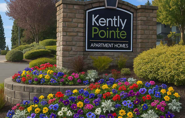 A sign for Kently Pointe Apartment Homes is surrounded by flowers.