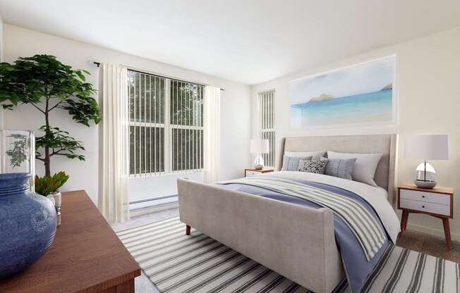 A bedroom with a large bed and a painting of a beach scene on the wall.