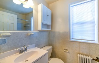 bathroom with cabinet, toilet, vanity, large mirror and window at hillside terrace apartments in washington dc