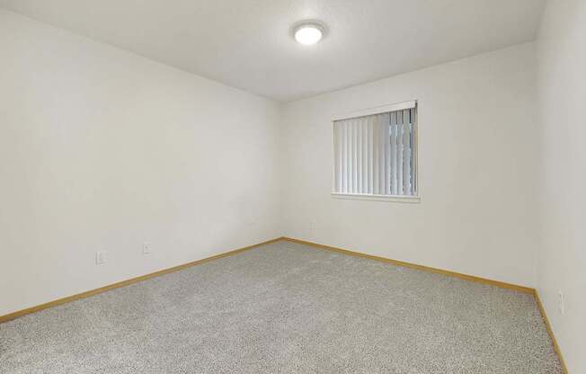 A room with a carpeted floor and a window with blinds.
