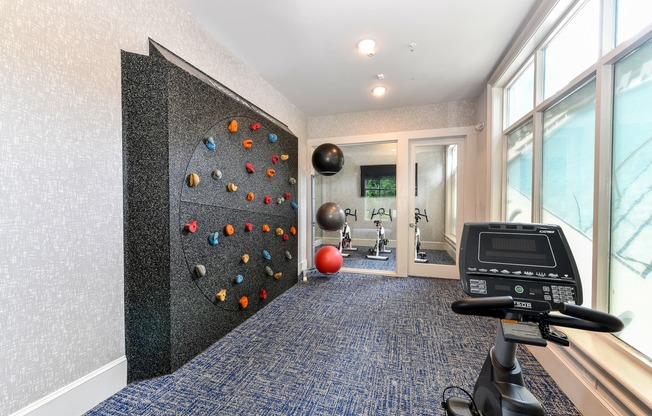 Rock wall and bikes in fitness center