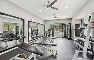Community Fitness Center with Equipment at Huntington Place Apartments located in Sarasota, FL.
