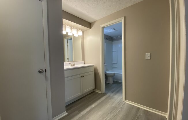 a bathroom with a hotel vanity, mirror and a sink and a toilet