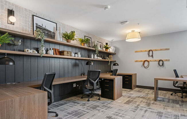 a home office with desks and chairs and a wall with shelves at Madison Prickett Preserve, Pennsylvania