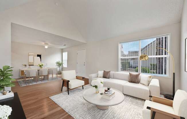 a living room with a white couch and a table at Vineyard Terrace Apartments, Napa, CA, 94558