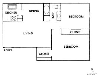 2 beds, 1 bath, 868 sqft, $869