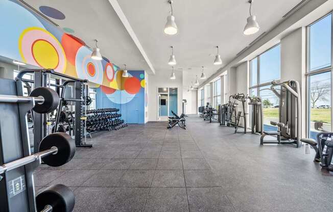 A gym with a variety of equipment including weights and machines.